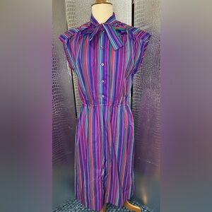 Vintage Multicolor Purple Red Blue Green Vertical Stripe Sleeveless Dress